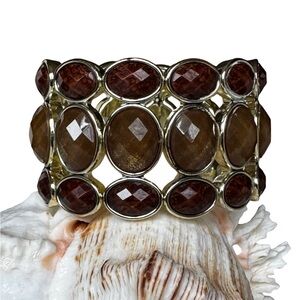 Wide Gold Tone Brown Faceted Stone Stretch Bracelet Statement Cuff Bold Glam